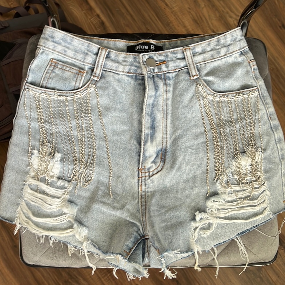 Distressed Denim Shorts with Rhinestone Fringe Shorts